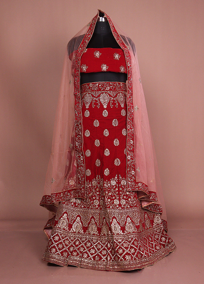 Red Blended Silk Dupatta Lehenga Set
