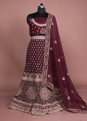 Maroon Pure SIlk Dupatta Lehenga Set
