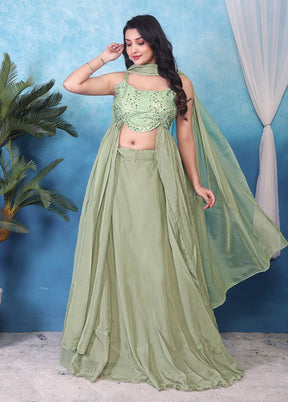 Green Blended Silk Dupatta Lehenga Set
