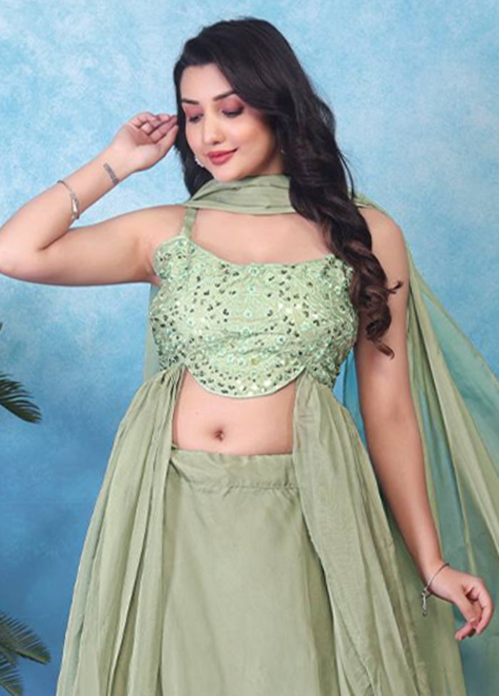 Green Blended Silk Dupatta Lehenga Set