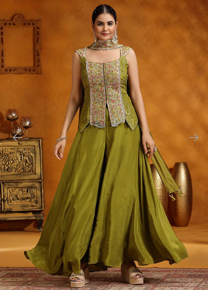 Green Blended Silk Dupatta Lehenga Set