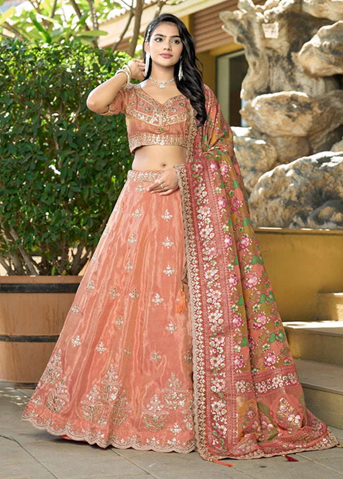 Peach Blended Silk Dupatta Lehenga Set