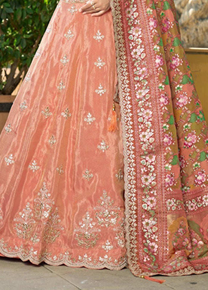 Peach Blended Silk Dupatta Lehenga Set