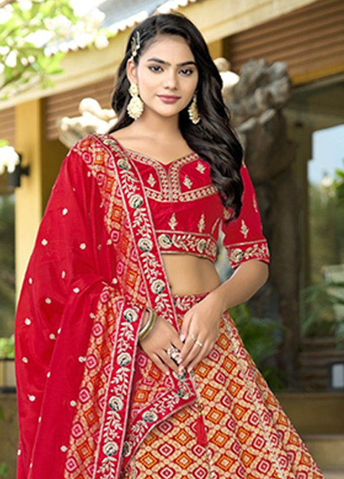 Red Blended Silk Dupatta Lehenga Set