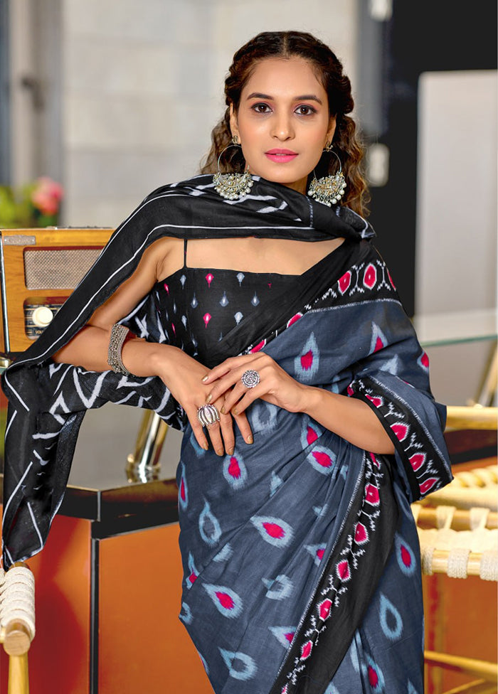 Grey Cotton Saree With Blouse Piece