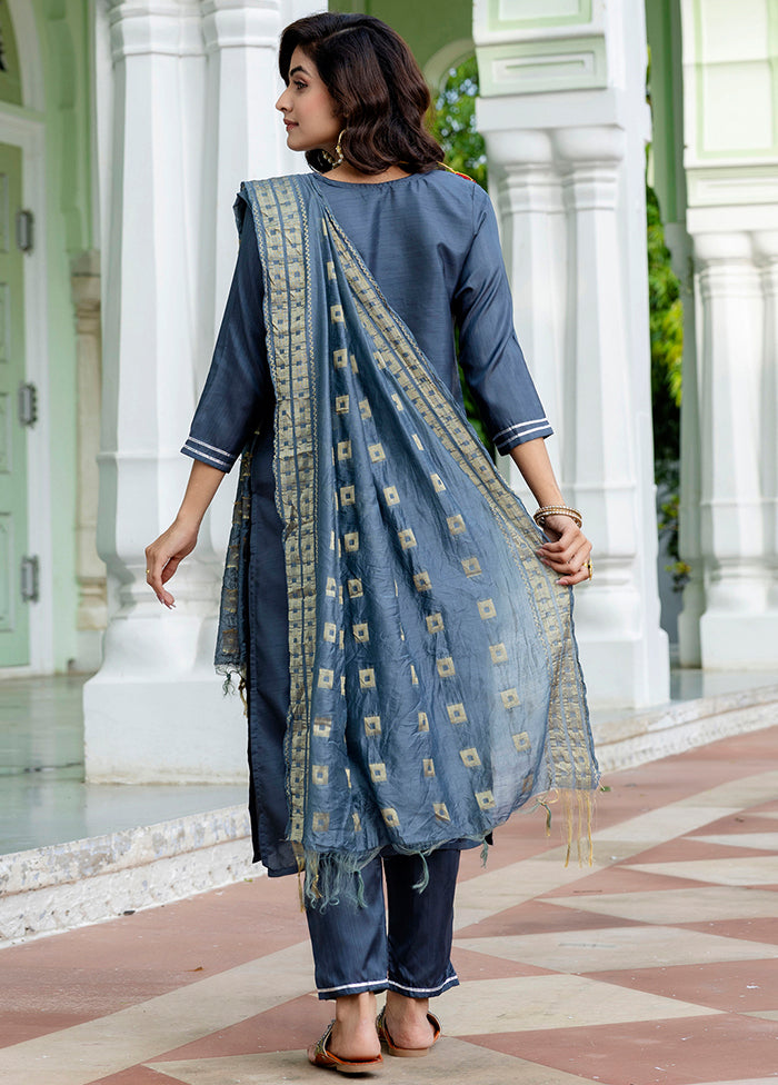 3 Pc Grey Silk Suit Set