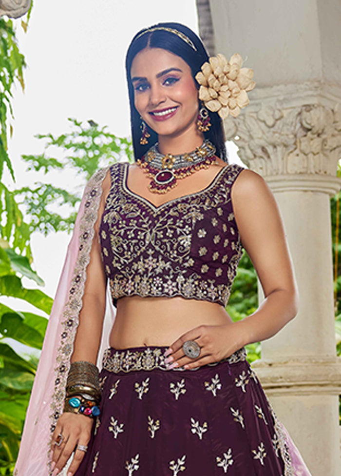 Brown Blended Silk Dupatta Lehenga Set