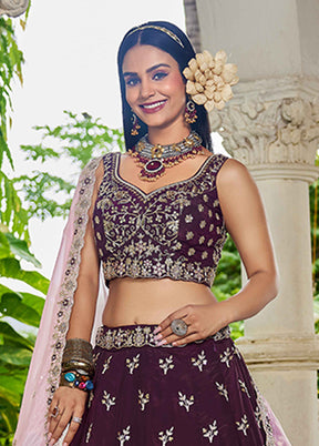Brown Blended Silk Dupatta Lehenga Set