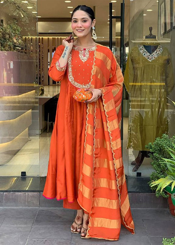 3 Pc Orange Silk Suit Set