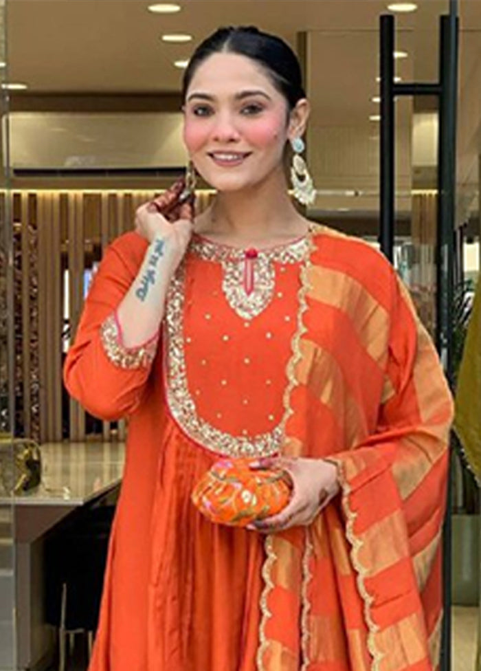 3 Pc Orange Silk Suit Set