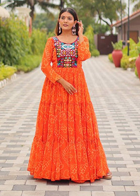Orange Wovwn Work Georgette Gown