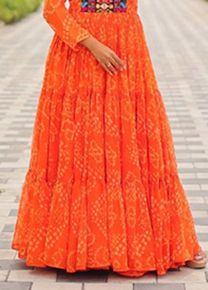 Orange Wovwn Work Georgette Gown