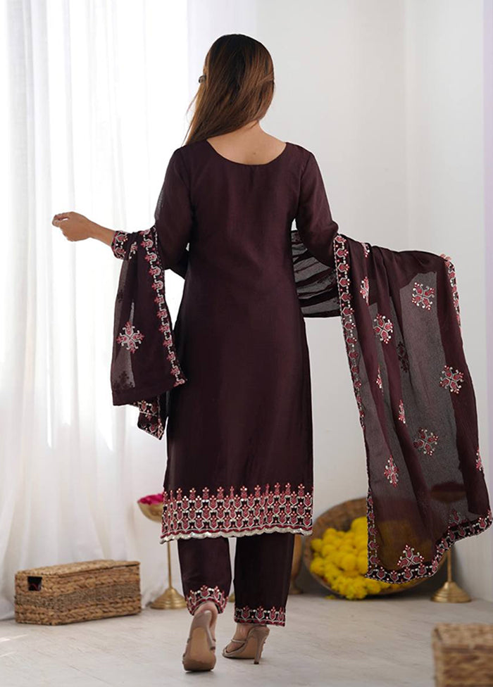 3 Pc Brown Silk Suit Set