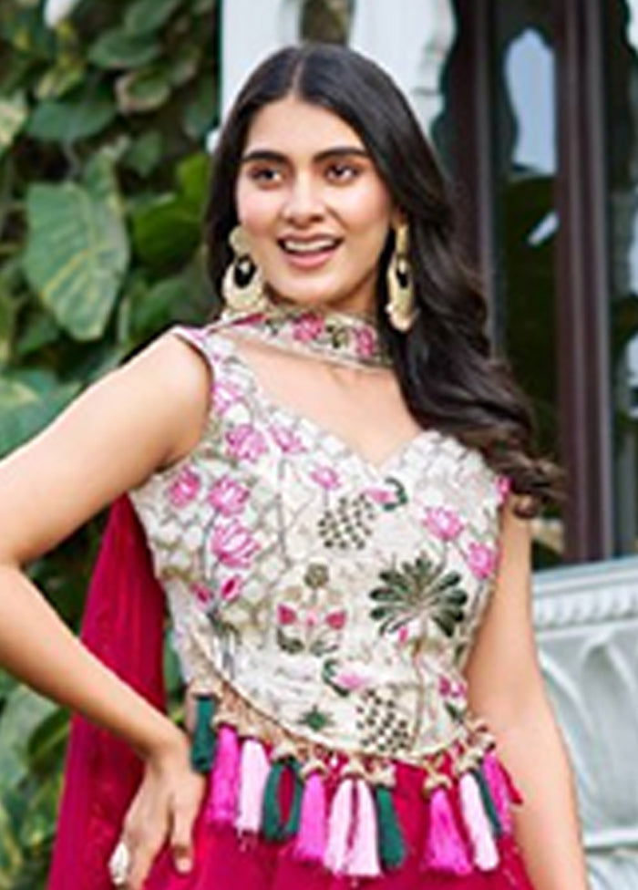 Cream Blended Silk Dupatta Lehenga Set