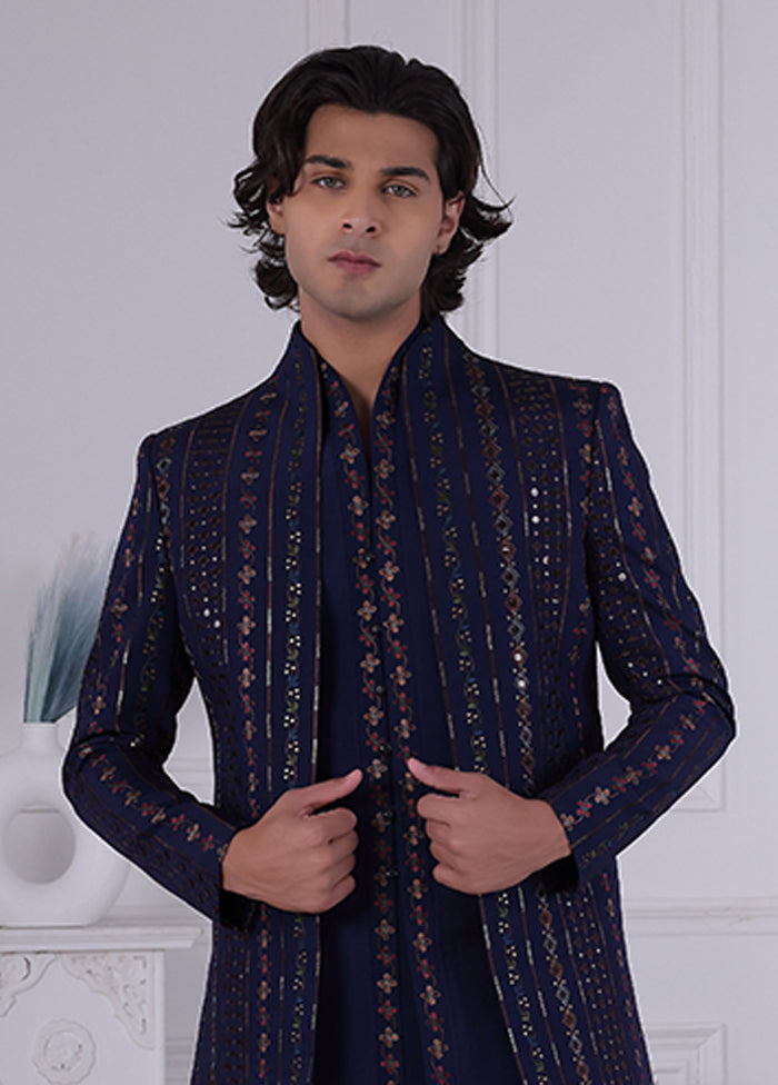 Blue Pure Silk 2 Pc Indo Western Set