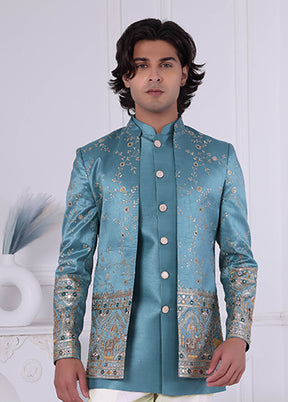 Blue Pure Silk 2 Pc Indo Western Set