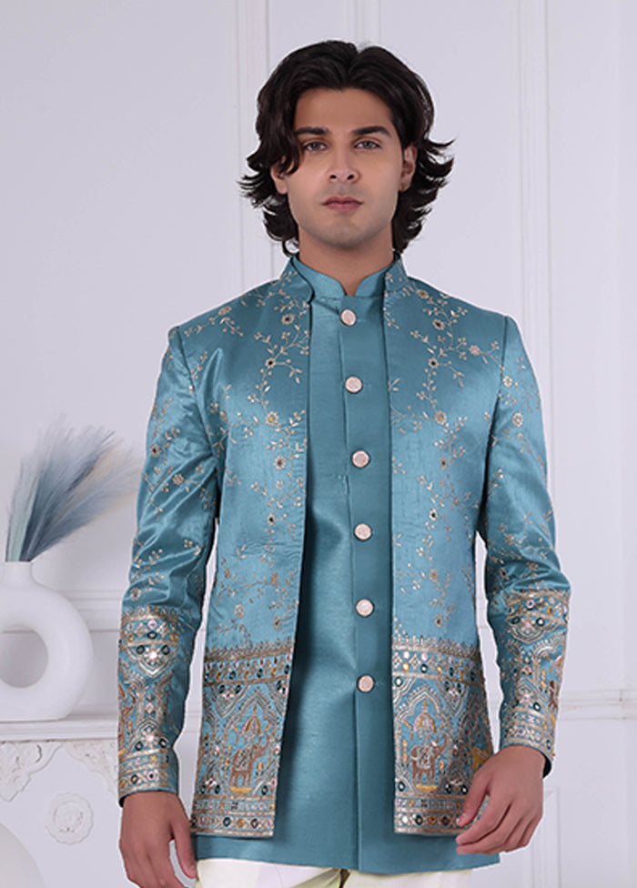 Blue Pure Silk 2 Pc Indo Western Set