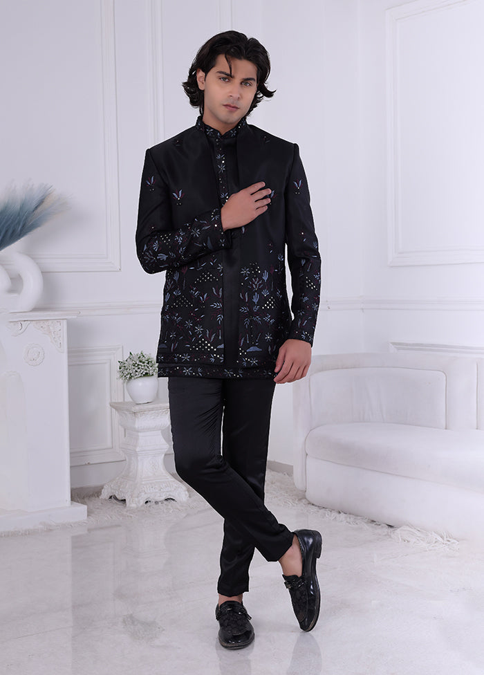 Black Pure Silk 2 Pc Indo Western Set