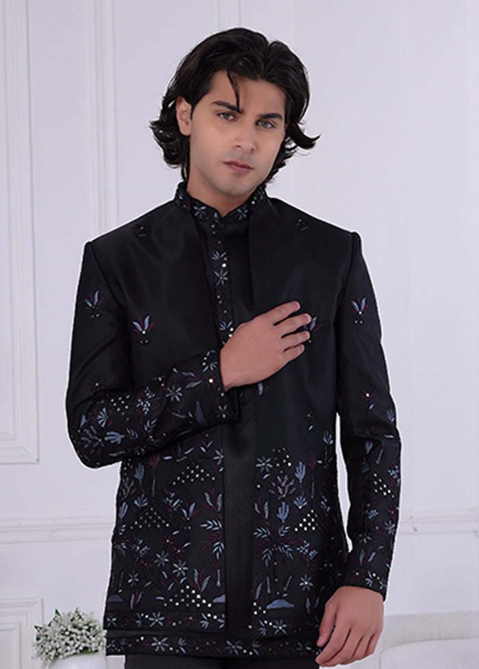 Black Pure Silk 2 Pc Indo Western Set