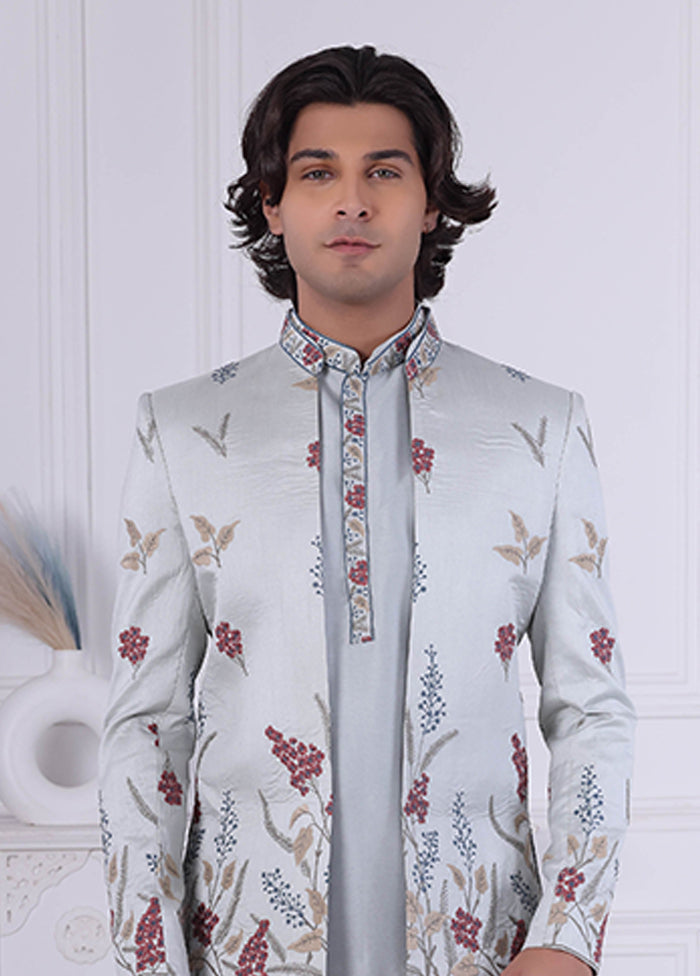 Blue Pure Silk 2 Pc Indo Western Set