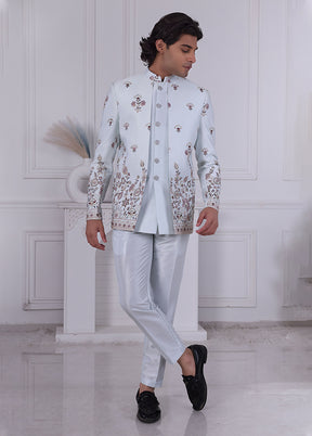 Blue Pure Silk 2 Pc Indo Western Set