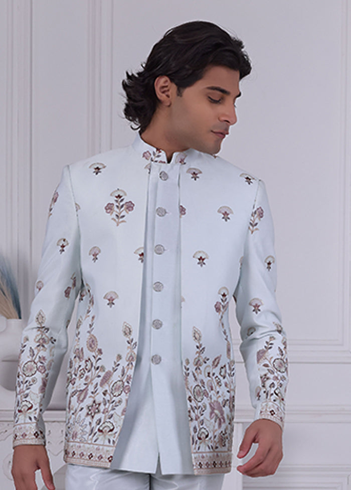 Blue Pure Silk 2 Pc Indo Western Set