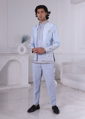 Blue Pure Silk 2 Pc Indo Western Set