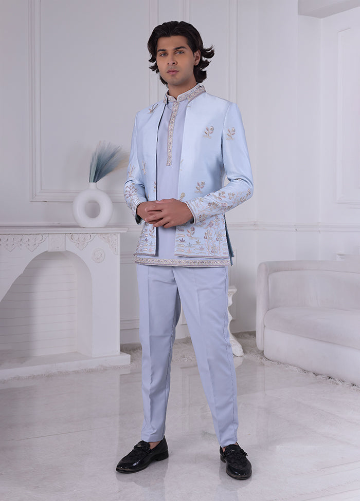 Blue Pure Silk 2 Pc Indo Western Set