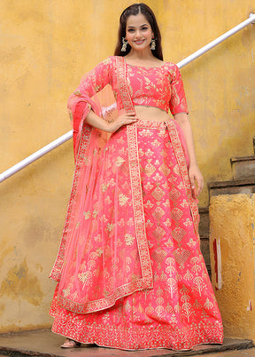 Peach Blended Silk Dupatta Lehenga Set