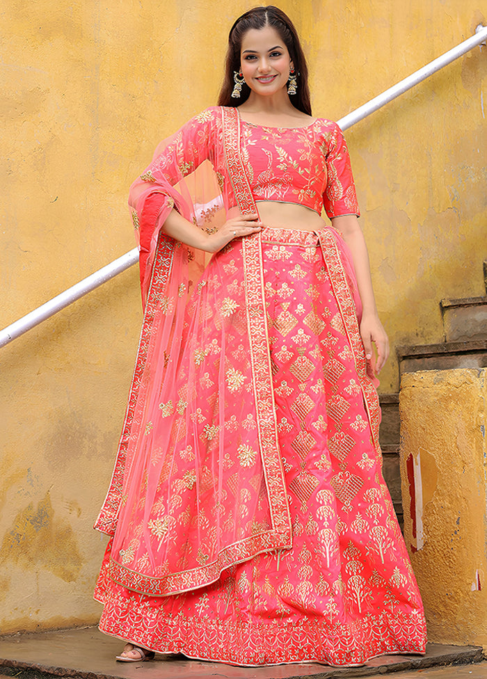 Peach Blended Silk Dupatta Lehenga Set