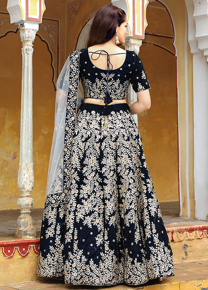 Blue Velvet Dupatta Lehenga Set