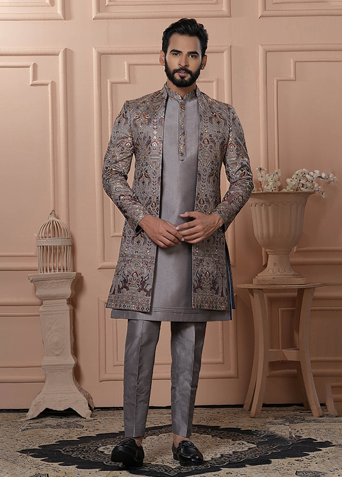 Grey Pure Silk 2 Pc Indo Western Set