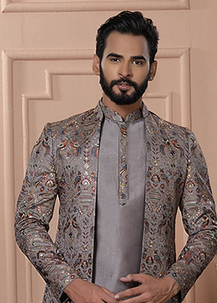 Grey Pure Silk 2 Pc Indo Western Set