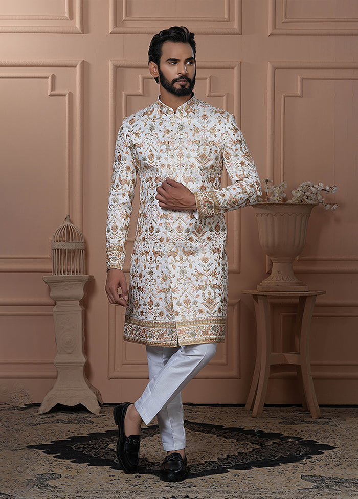 White Pure Silk 2 Pc Indo Western Set