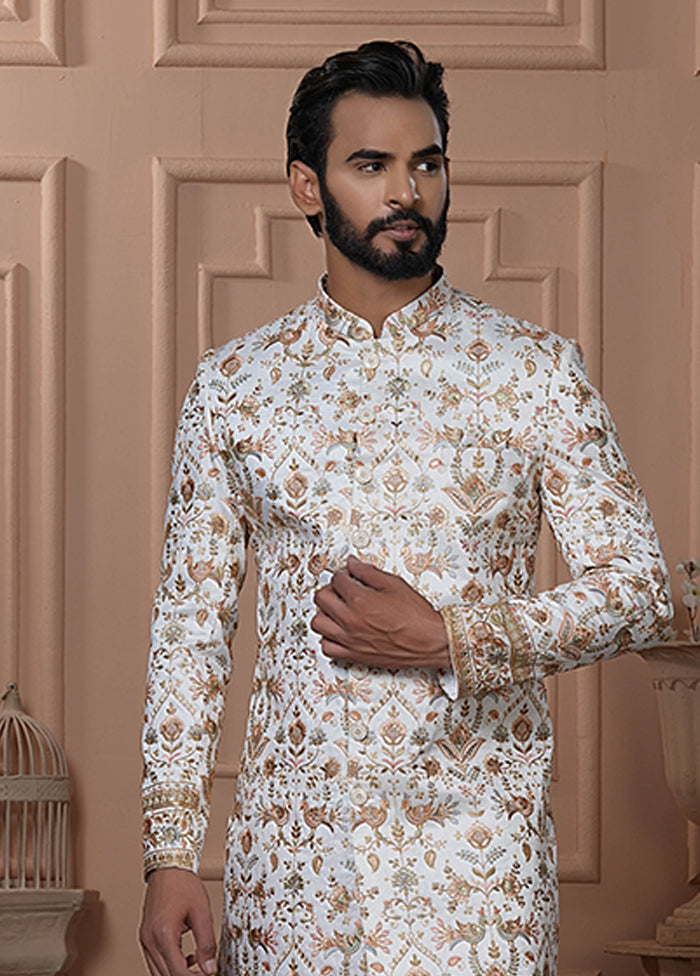 White Pure Silk 2 Pc Indo Western Set