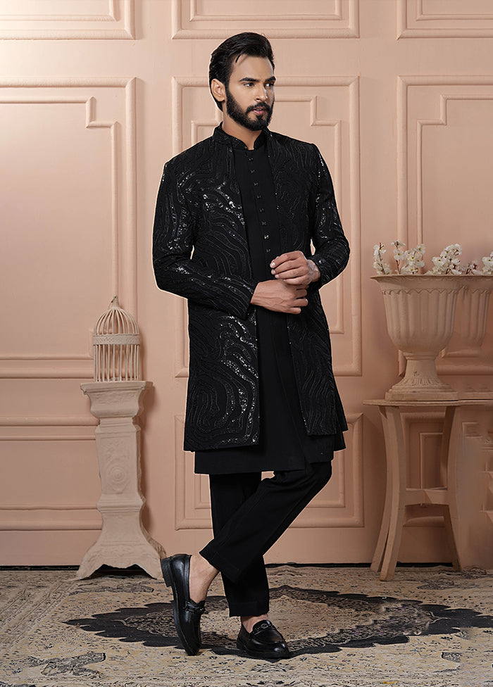 Black Pure Silk 2 Pc Indo Western Set