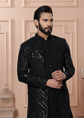Black Pure Silk 2 Pc Indo Western Set