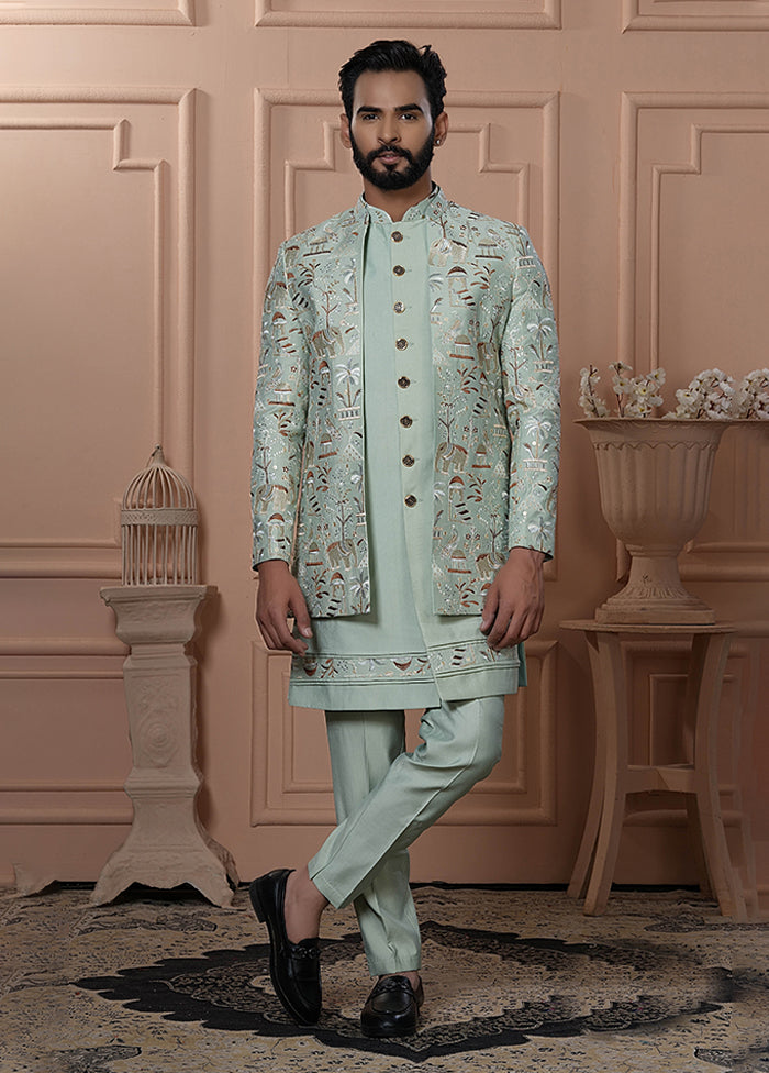 Green Pure Silk 2 Pc Indo Western Set