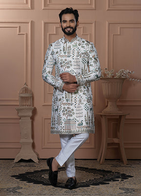 White Pure Silk 2 Pc Indo Western Set