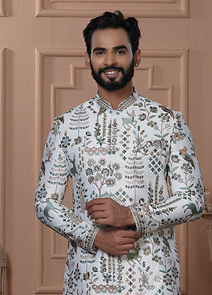 White Pure Silk 2 Pc Indo Western Set