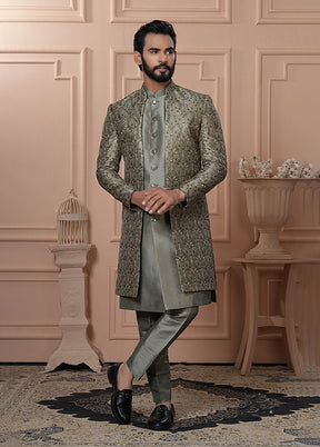 Green Pure Silk 2 Pc Indo Western Set