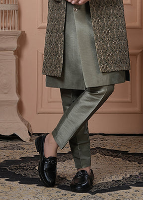 Green Pure Silk 2 Pc Indo Western Set