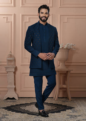 Blue Pure Silk 2 Pc Indo Western Set