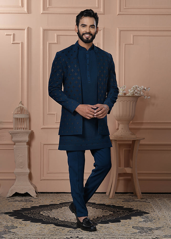 Blue Pure Silk 2 Pc Indo Western Set