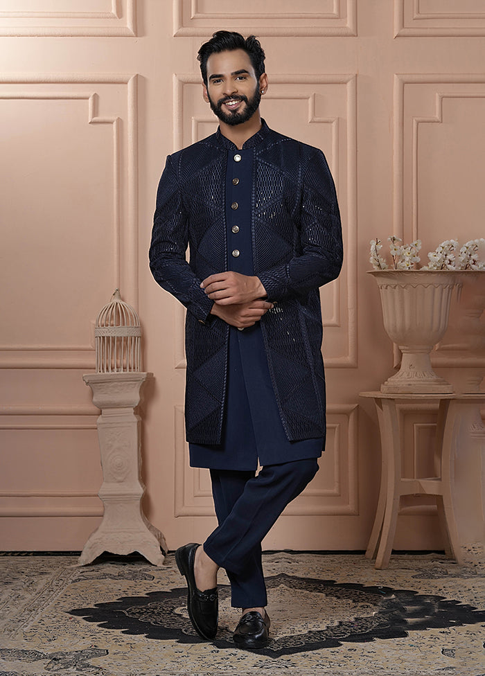 Blue Pure Silk 2 Pc Indo Western Set