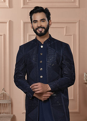 Blue Pure Silk 2 Pc Indo Western Set