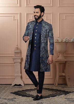 Blue Pure Silk 2 Pc Indo Western Set