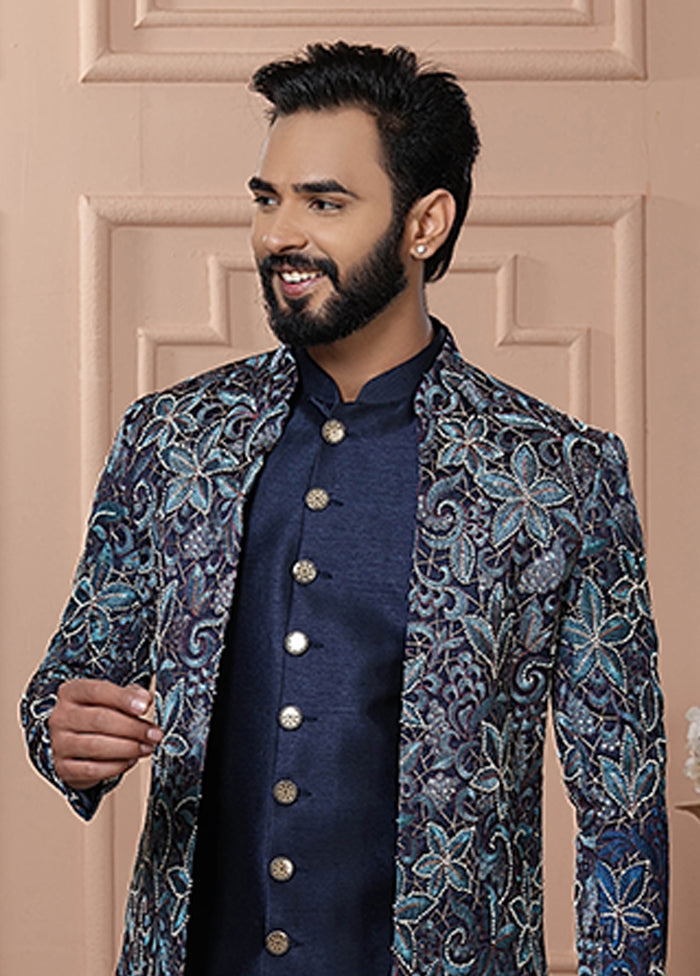 Blue Pure Silk 2 Pc Indo Western Set