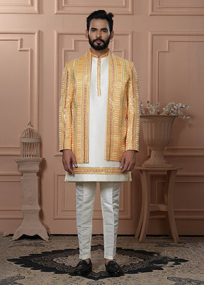 Yellow Pure Silk 2 Pc Indo Western Set