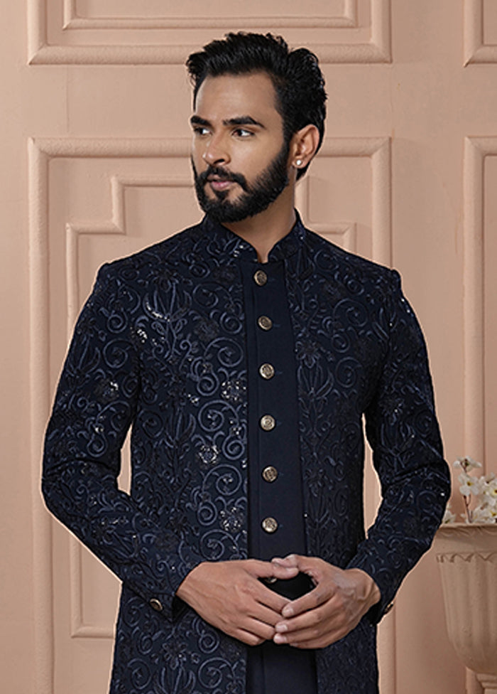 Blue Pure Silk 2 Pc Indo Western Set